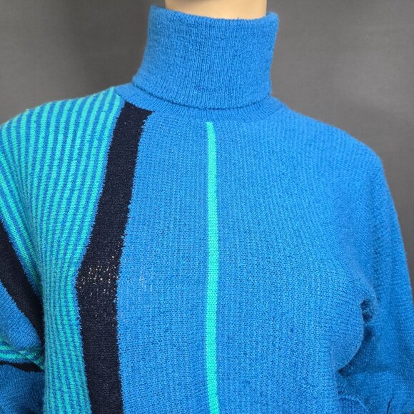 Vintage 80s Blue Striped Sweater Size M Dolman Sleeve Turtleneck New Wave - Picture 5 of 10